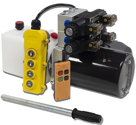 Flowfit 12 V DC Doppel-Magnetspender, hydraulisches Kraftpaket mit 2,5 l Tank, Handpumpe und kabelloser Fernbedienung ZZ016236