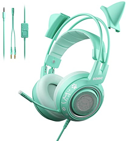 Somic G951S Écouteurs de Jeu Vert avec Microphone pour PS4 ps5 Xbox One PC Écouteurs de Type Oreille de Chat avec Microphone câblé pour Les Filles Femmes