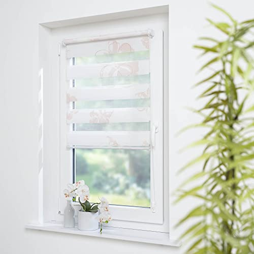 Duorollo/Doppelrollo Druckmotiv: Blüte mit verstellbaren Klemmträgern, lichtdurchlässig, Blickdicht, Montage ohne Bohren, Breite: 80 cm/Länge: 210 cm