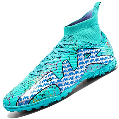 VTASQ Fußballschuhe Herren High Top Microfaser Cleats Athletics Fußballschuhe Erwachsene Trainingsschuhe Professionelle Outdoor Sport Turf Football Schuhe Unisex Türkis EU 41