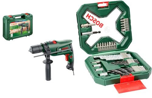 Bosch Taladro percutor eléctrico EasyImpact 630, 630 W, en maletín de transporte + 34 uds. Set de puntas de atornillar y brocas X-Line (para madera, mampostería y metal)