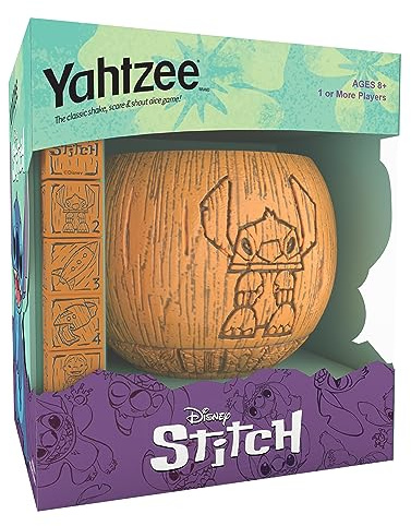 YAHTZEE: Disney Stitch, Collectible Tiki Style Dice Cup, Classic Dice Game Based on Disney’s Lilo & Stitch, Great for Family Night, Officially Licensed Disney Game & Merchandise
