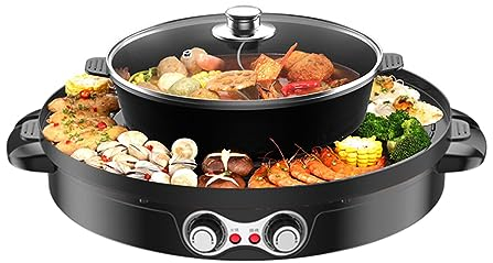 Hot Pot BBQ Poêle à griller électrique 2 en 1 2200 W Hotpot multifonction Poêle à frire double séparation ronde Four de table Grill sans fumée Noir