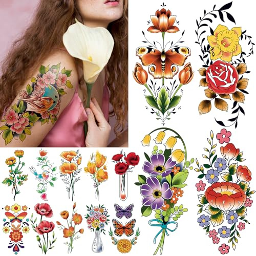 Acevegue 79 Hojas Tatuajes Temporales Adultos Mujeres, Tatuajes Calcomanias Flores Grandes y Coloridas, Tatuaje Falsos Adhesivos para Mujer Adulta