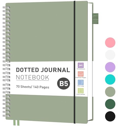 RETTACY Anteckningsbok B5-prickig, bullet journal, lätt collegeblock, 70 ark/140 sidor att skriva, 100 gsm, PVC-bok, för kvinnor och män arbete kontor, 19,3 x 25,4 cm – grön