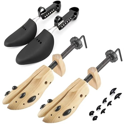 TianfuSpanda Professional Wooden Shoe Stretcher Shoe Trees With 1 Pairs Plastic Shoe Tree Stretcher Shaper, 2 Way Adjustable Length & Width, Shoe Stretcher Men Women