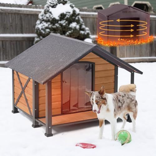 Suumerpety Casa para perros al aire libre con forro aislante, refugio de madera resistente a la intemperie para perros medianos y grandes, marco de hierro, casa cálida para mascotas en invierno con