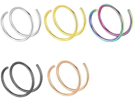 5-pack rostfritt stål näsa ringar 8 mm 316L rostfritt stål örhänge piercing näsa ring näsa stål kirurgisk näsring genomträngande unisex näsa cirkel, 0,8 x 8 mm, Rostfritt stål, näspiercing kirurgiskt