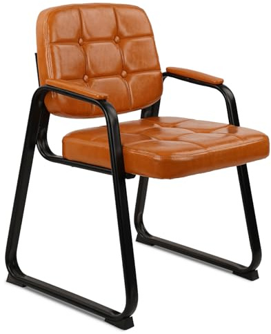 CLATINA Guest Waiting Reception Chair with Bonded Leather Thick Cushion and Padded Arm Rest, Sled Base Stationary Desk Chairs for Office Home Conference Meeting Lobby Hall Side Break Room, Orange