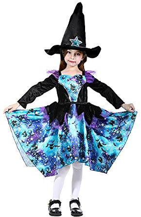 Sincere Party Halloween strega costume ragazze, Deluxe blu strega strega cappello gonna irregolare forma enorme cerchio Hem 5-6 anni