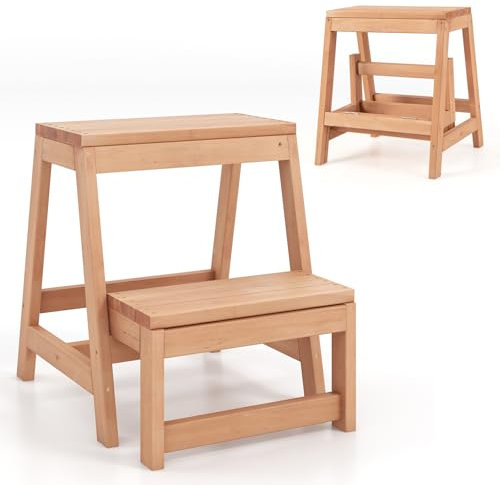 GYMAX Foldable Step Stool, 2-Tier Foot Stools for Adults and Kids, Portable Wooden Step Ladder Plants Stand for Kitchen Garden Bathroom, 150KG Weight Capacity