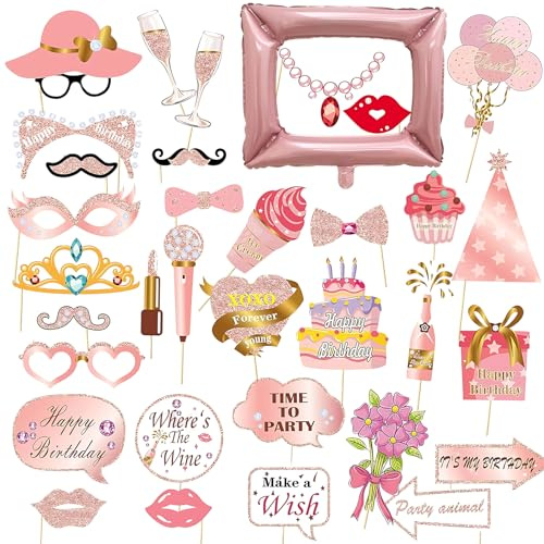 Photo Booth Props, 34 PCS Rose Gold Selfie Frame and Party Photo Props Set, Inflatable Photo Booth Frame for Birthday and Holiday Celebrations, Ladies and Men Photo Booth Accessories