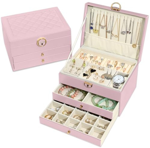 Granbest Boîte à bijoux 3 couches avec 2 tiroirs, élégant coffret à bijoux en cuir, idéal pour colliers, bracelets, bagues et boucles d'oreilles (Rose)