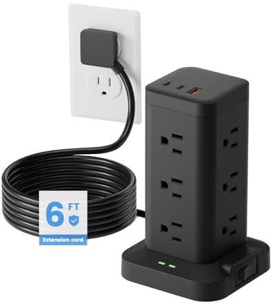 Power Strip Tower with Surge Protector 1800J, Fast Charging Tower PD20W USB-C Ports with 12 AC Outlets, 6ft Extension Cord for Home Office Dorm Room, Black