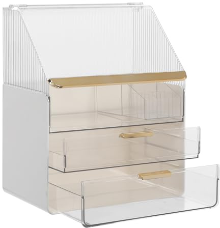 QIERF Organizador de maquillaje con 2 cajones, organizador de cosméticos, cuidado de la piel, almacenamiento de cosméticos con tapa, 3 niveles, gran capacidad, resistente al polvo, para tocador