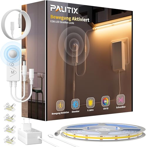 PAUTIX LED Streifen mit Bewegungsmelder,24V 5M COB LED Streifen Bewegungssensor 2700K Warmweiß LED Strip,Dimmbar LED Band mit Dual Beleuchtung Modus für Unterschränke,Küche,Treppen,Schlafzimmer