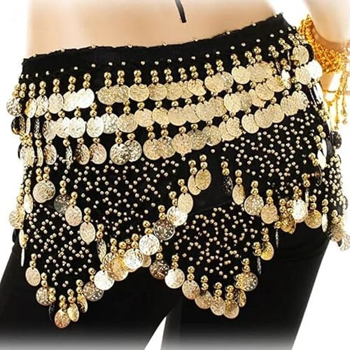 MITINGER Falda Danza del Vientre Cinturón de Danza del Vientre con Monedas Oro for Mujer, pañuelo Brillante la Cadera, Traje Baile Terciopelo, Falda Envolvente(Black)