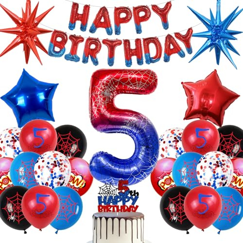 Decoración de Cumpleaños Globos Spider 5 Años, Globo de Aluminio Gigante Numero Telaraña, Fiesta Decoración Compleanno Niño Globos Banner Globo de Látex Torte (Set Cumpleaños Niño 5 Años)