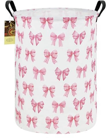 HUNRUNG - Canasta de lavandería para niñas, cesta de almacenamiento plegable con moño rosa y asas, gran contenedor impermeable para organizar juguetes para guardería, habitación infantil, sala de