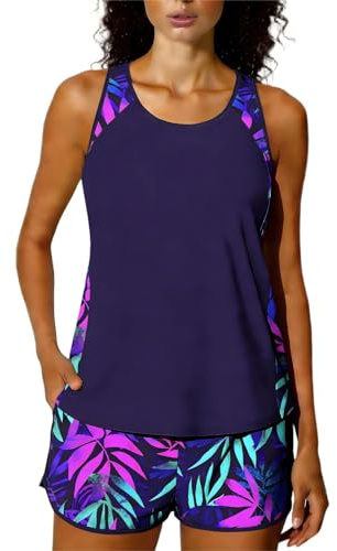Tankini Sets for Women 2 Piece Swimming Costume Athletic Bathing Suits Hawaiian Tropical Print Modest Swimwear Loose Fit Tank Top with Swim Shorts Padded Sports Swimsuits Ladies Beachwear