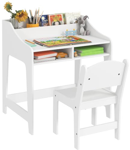 AIYAPLAY Ensemble Bureau et Chaise pour Enfant 3 à 8 Ans, Blanc | Bureau Enfant Garçon Fille, Compartiments et Étagères Ouverts, pour Chambre à Coucher, Salle de Jeux, Crèche