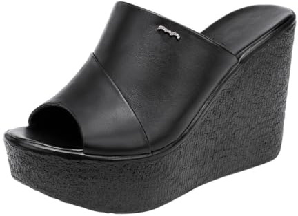TNMIUH Sandalias de Cuña con Plataforma para Mujer, Negro, Cuero, Peep Toe, Tacón Alto 11cm, Mule Estilo Casual,Negro,38 EU