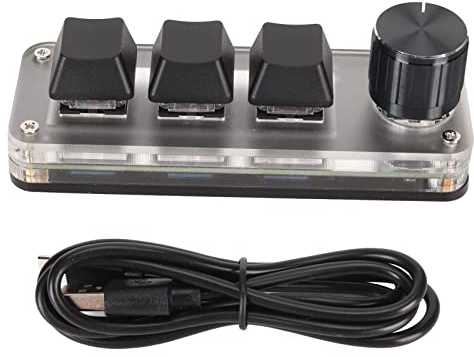 USB-minitangentbord 3 tangenter med anpassad ratt handgjord Programmerbar typ C trådbunden anslutning Mekanisk blå switch Enhandstangentbord för allmänt datorspelarbete (Nera)