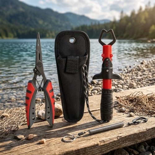 Fisketängset i rostfritt stål med krokborttagare och lina för saltvatten – ergonomiskt greppredskapssats 19 cm (röd)