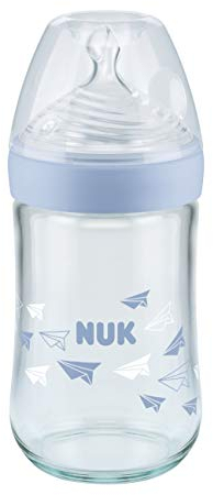 NUK Nature Sense Babyflasche aus Glas, brustähnlicher Silikon-Trinksauger, 240 ml, blau