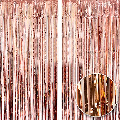 2pcs 3ft X 8.3ft Rose Gold Metallic Tinsel Curtains Aluminum Foil Flow Silk Curtain Background Streamer Birthday Party Wedding Holiday Backdrop Decoration