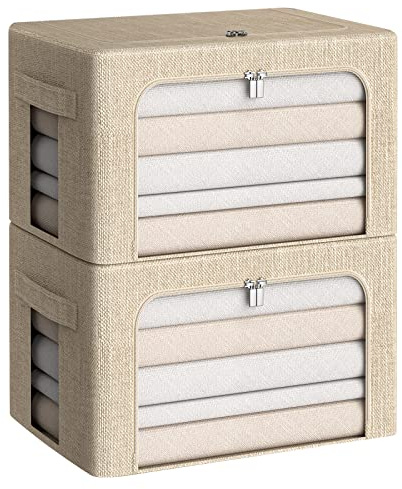 CYhom Clothes Storage Bins Box - Linen Fabric Foldable Stackable Container Organizer Set with Clear Window & Carry Handles & Metal Frame for Bedding, Blankets, Books (Beige, Medium-36L)