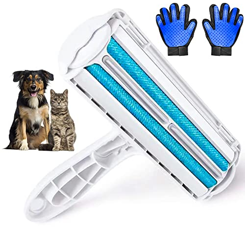 Opucore Pet Hair Remover Roller + Grooming Gloves Professional Kit- Dog & Cat Fur Lint Remover with Massage Gloves for Furniture Couch Carpet Car Seat