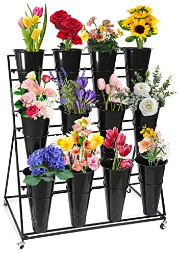 Soporte de exhibición de flores con cubos - 3 niveles 12 cubos, soporte de plantas, soporte de exhibición móvil de la tienda de flores con ruedas, para el jardín del patio interior al aire libre, sala