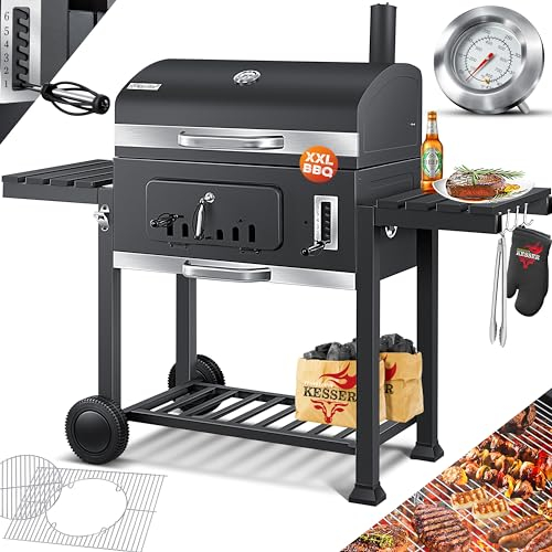 KESSER® Parilla de Carbón con Carrito Grill con Tapa, Ruedas, Mango de Acero Inoxidable | Barbacoa y Termómetro Carbón Grande BBQ Asador Camping, Terraza, Jardín XXL Gris