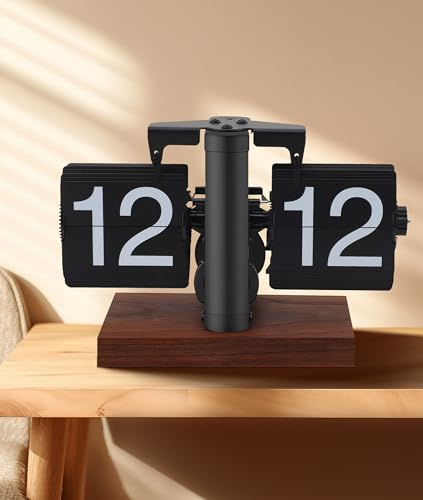 Gugxiom Flip-Schreibtischuhr, 24-Stunden-Retro-Digital-Flip-Schreibtischuhr mit Walnussholzsockel, Internes Zahnradbetriebene, Batteriebetriebene Mechanische Schmelzuhr für die, Gugxiom2esfp6qkuc