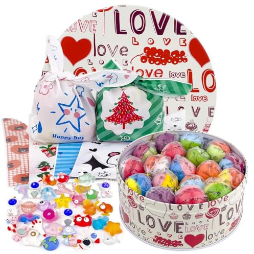34PCS Bath Bombs for Kids with Toys Inside Girls and Boys, Surprise Bath Bombs with Ocean Animals and Space Planet Toys Inside, Natural Organic Bubble Bath Fizzies, Gift Tin Box for Christmas