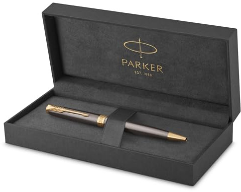 Parker Sonnet Penna a Sfera | Laccatura Grigia con Pennino Dorato | Punta Media | Ricarica di Inchiostro Nero | Confezione Regalo | Regali di Laurea Perfetti