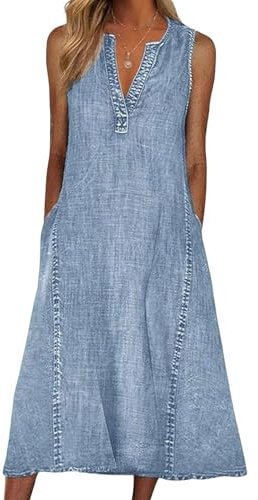 CHARTOU Women Casual Sleeveless Denim Midi Dress A Line Mid Long Tank Dress Jean Shift Dress Jumper Summer (Medium, Blue)
