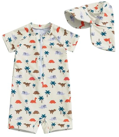 WYTbaby Maillot de bain pour bébé - Vêtement UV - Une pièce - Manches courtes - Protection UV - Pour bébé garçon - Avec chapeau de soleil, jaune, 2-3 ans