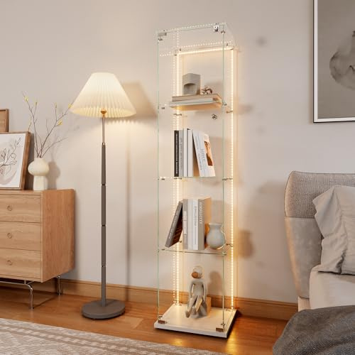 TIMORWTF - Vitrina de cristal con tira LED, vitrina para colección transparente, mueble vitrina de cristal con 1 puertas con cerradura y 4 estantes vitrinas salón bar, 163 x 40 x 35 cm, color blanco