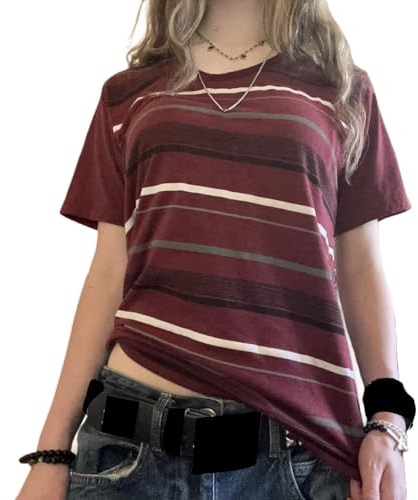 Goth Stripe T-Shirt for Women Y2K Grunge Short Sleeve Crew Neck Baggy Tees E-Girls Harajuku Tops Emo Clothes (Red, S)