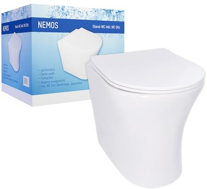 sanicomfort Stand-WC Nemos spülrandlos, Abgang waagrecht, Tiefspüler mit WC-Sitz mit Absenkautomatik und abnehmbar