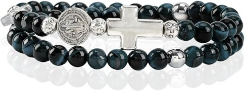 SHIEAGLELD Bracciale Occhio di Tigre Uomo, Bracciali Rosario Cattolica da con Croce e Medaglione di San Benedetto, Braccialetto Ematite Naturale Regalo Spirituale per Papà, Marito, Bambino, Blu