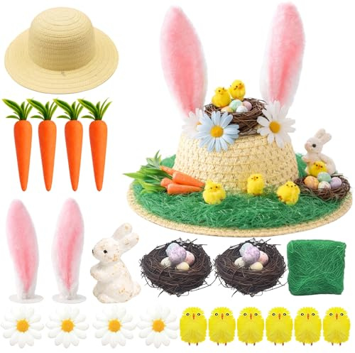 MUNSKT Easter Bonnet Kit, Easter Make Your Own Hat Craft Set with Chick, Bunny, Carrot, Rabbit Ears, Nest, Grass, Flower for Easter Egg Hunt Activity