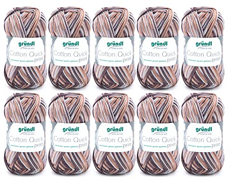 Gründl Ull Cotton Quick print stickgarn 10 nystan 50 g, brun | tunn ull för virkning med färggradient – stickgarn – glänsande och hudvänligt – 100 % bomull – 50 g/125 m