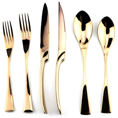 Uniturcky Rose Gold Stainless Steel Mirror Polished Flatware Set, Steak Knife Dinnerware Knife Fork Salad Fork Dessert Spoon 6-piece, Service for 1