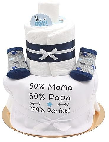 Trend Mama| Sprüche Windeltorte | Junge | 50% Mama +50% Papa = 100% Perfect | 27 Windeln (Gr.2) Baby Lätzchen, Babysocken |Babygeschenk
