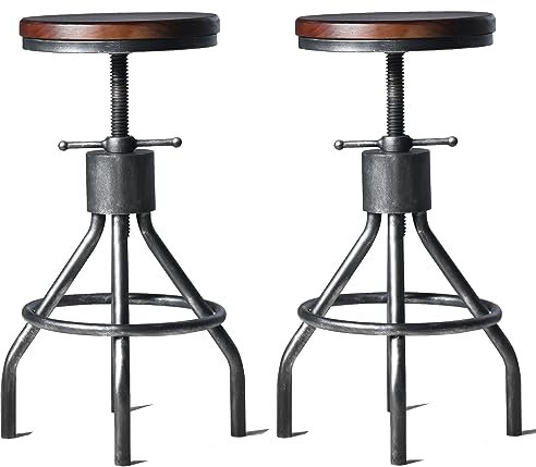 LOKKHAN Set 2 Industrial Bar Stool-Vintage Adjustable Round Wood Metal Swivel Stools-23-30 Inch Tall Counter Bar Height Farmhouse Kitchen Stools (Walnut Color)