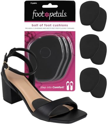 Foot Petals Ball of Foot Cushions, Metatarsal Pad, Lasting Comfort Relief, Prevent Toe Sliding, Overhang, Women's Heels, 3 Pair, Black
