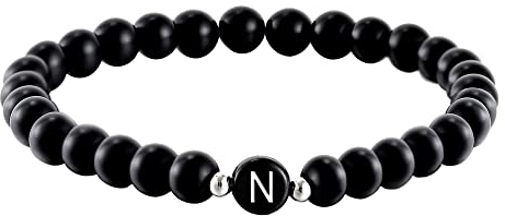 Kim Johanson Partner Perlenarmband mit Buchstabe aus Onyx Stein für Pärchen I Naturstein Freundschaftsarmband in Schwarz I Geschenk für Paare mit Gravur I Für Frauen und Männer inkl. Schmuckbeutel (N)